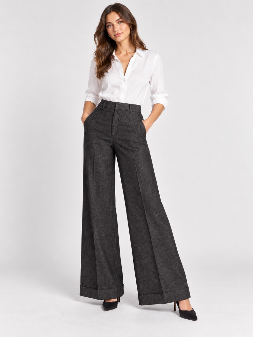 Nolita Italy Charcoal Herringbone Wide Leg Cuffed Trousers